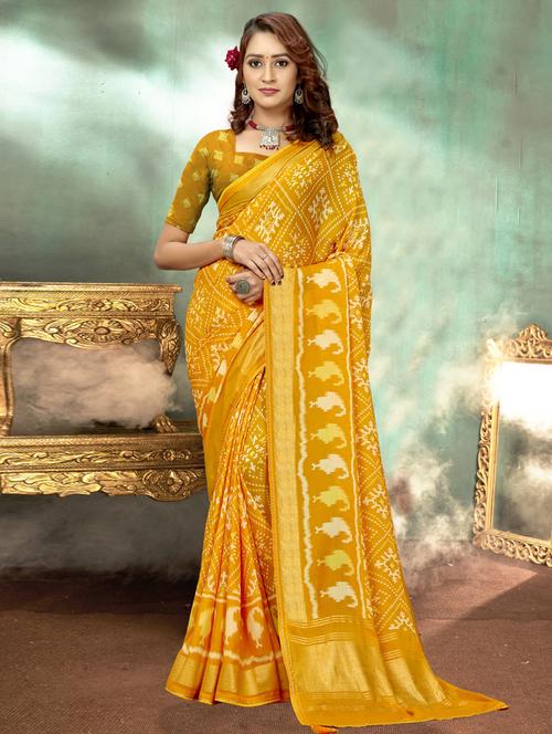 yellow printed saree with blouse - 19771379 - Very Small Image - 1