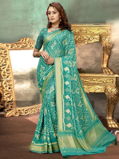 turquoise printed saree with blouse - 19771380 - Very Small Image - 1