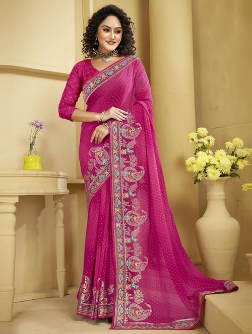 pink printed saree with blouse - 19771388 - Very Small Image - 1