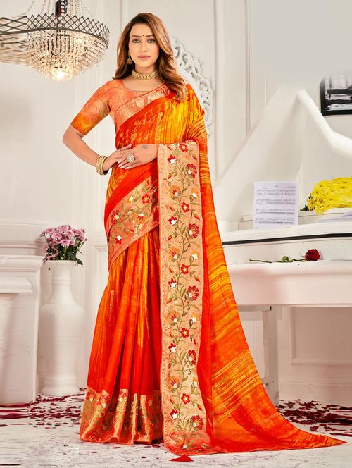 orange printed saree with blouse - 19771398 - Very Small Image - 1