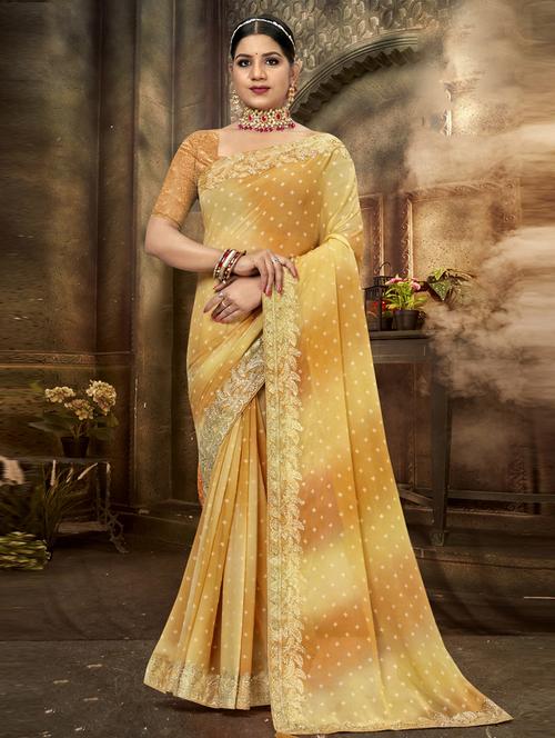 yellow printed saree with blouse - 19771406 - Very Small Image - 1