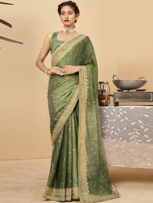 green printed saree with blouse - 19771425 - Very Small Image - 1