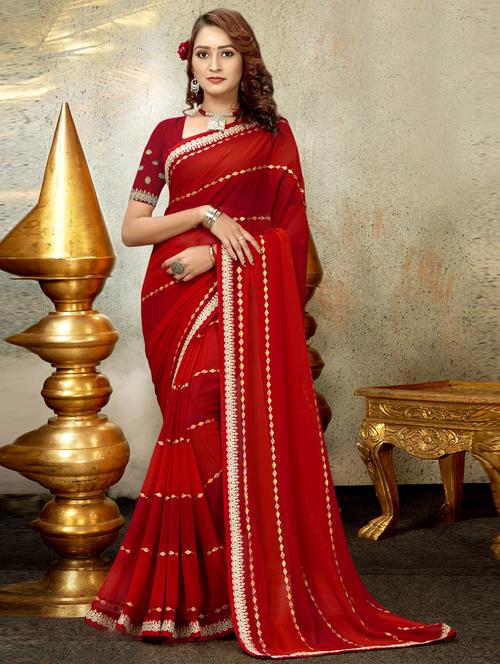 red printed saree with blouse - 19771439 - Very Small Image - 1