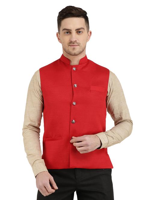 red cotton nehru jacket - 19771518 - Very Small Image - 1
