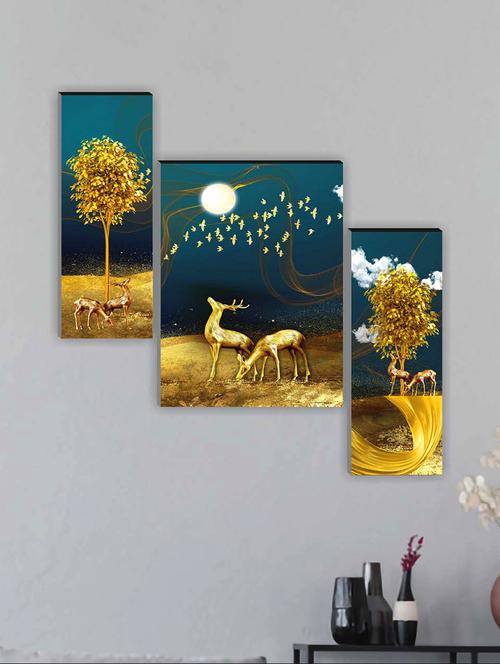 rac set of 3 deers and birds in moon light mdf 12x18 inch wall art painting - 19772174 - Very Small Image - 1