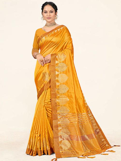 yellow self design woven saree with blouse - 19774746 - Very Small Image - 1