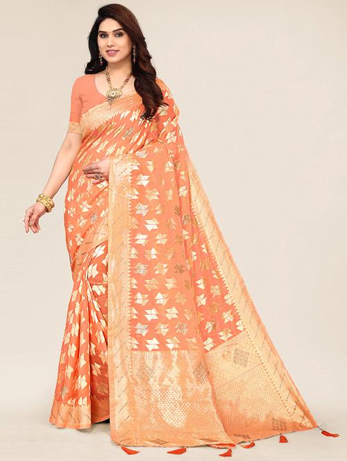 peach self design woven saree with blouse - 19774778 - Very Small Image - 1