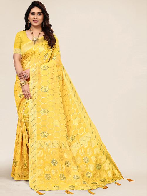 yellow self design woven saree with blouse - 19774788 - Very Small Image - 1