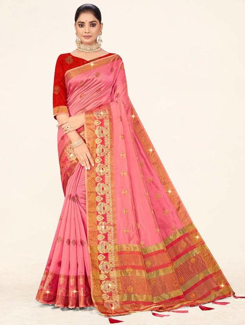 pink self design woven saree with blouse - 19774791 - Very Small Image - 1