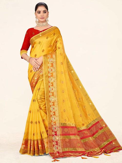 yellow self design woven saree with blouse - 19774794 - Very Small Image - 1