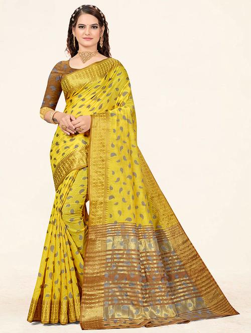 yellow self design woven saree with blouse - 19774826 - Very Small Image - 1