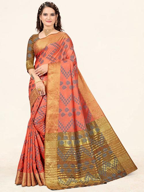 peach self design woven saree with blouse - 19774828 - Very Small Image - 1