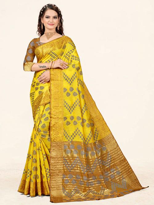 yellow self design woven saree with blouse - 19774830 - Very Small Image - 1