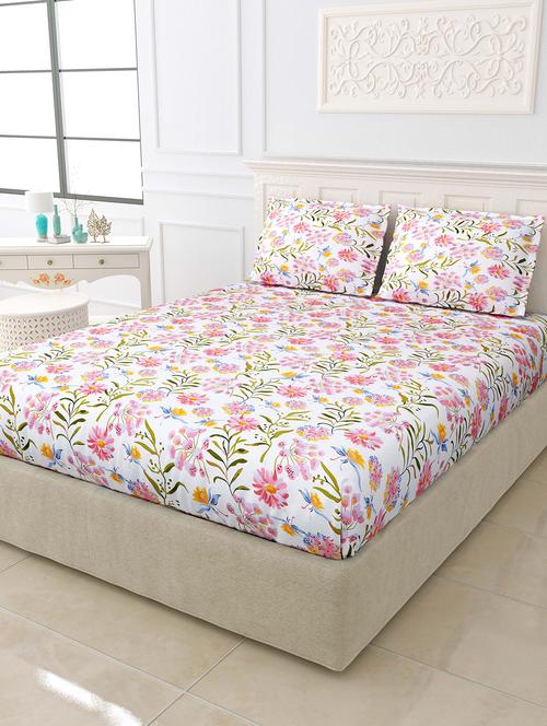 texstylers polycotton white jaipuri floral print 108x108 inches king size bedsheet with 2 pillow covers - 19775767 - Very Small Image - 1