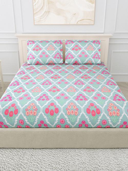 texstylers polycotton sky blue jaipuri floral print 108x108 inches king size bedsheet with 2 pillow covers - 19775776 - Very Small Image - 1