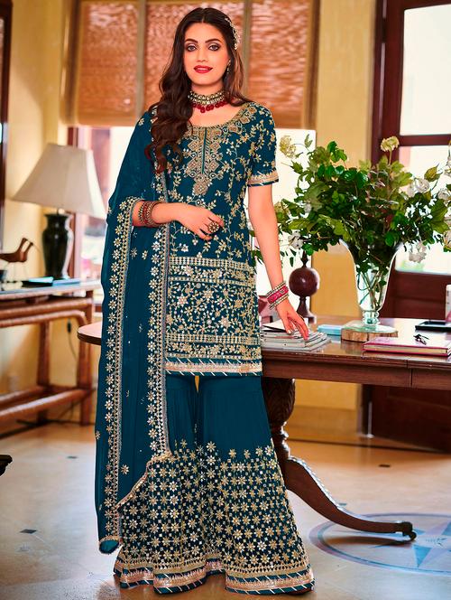 embroidered sharara suits semi-stitched suit - 19775992 - Very Small Image - 1