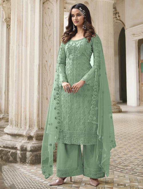 embroidered palazzo suit semi-stitched suit - 19776020 - Very Small Image - 1