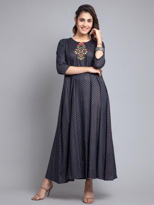 navy blue printed fit & flare ethnic dress - 19777979 - Very Small Image - 1