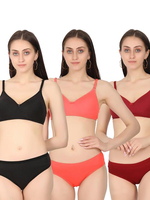 pack of 3 solid bra and panty set - 19778364 - Very Small Image - 1