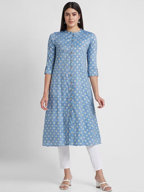 mandarin neck printed front slit kurta - 19779236 - Very Small Image - 1