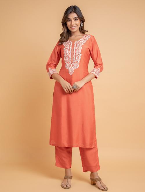 orange solid kurta pant set - 19781074 - Very Small Image - 1