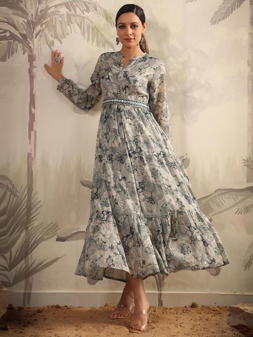 floral print mandarin neck ethnic dress with belt - 19781248 - Very Small Image - 1