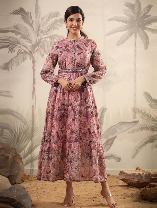 floral print tiered ethnic dress with belt - 19781249 - Very Small Image - 1