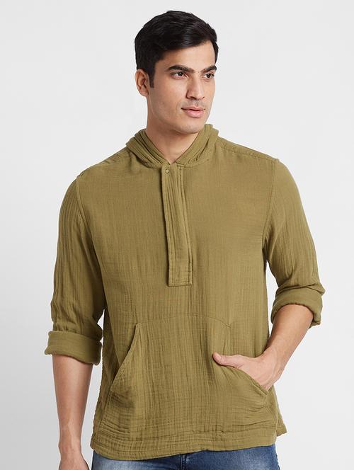 men olive green cotton casual shirt - 19782664 - Very Small Image - 1