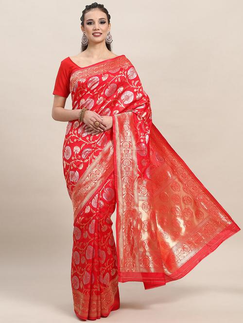 red silk blend banarasi saree with blouse - 19782765 - Very Small Image - 1