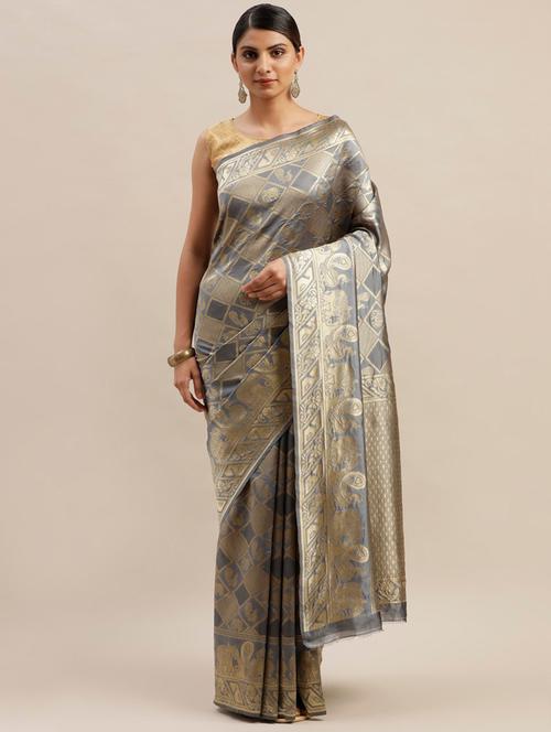 grey cotton silk kanjivaram saree with blouse - 19783934 - Very Small Image - 1