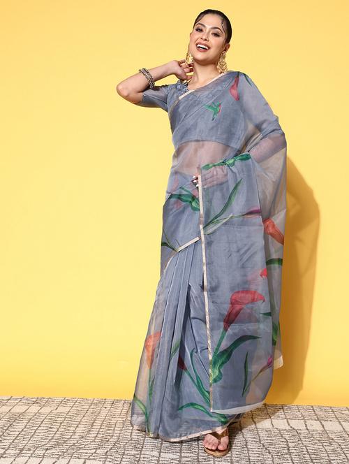 floral printed saree with blouse - 19784116 - Very Small Image - 1