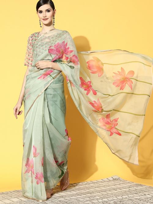 floral print woven saree with blouse - 19784179 - Very Small Image - 1
