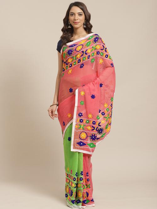 women's solid with work pink colored saree with blouse - 19784981 - Very Small Image - 1