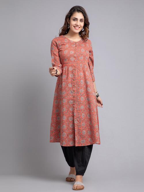 round neck printed front slit kurta - 19790213 - Very Small Image - 1