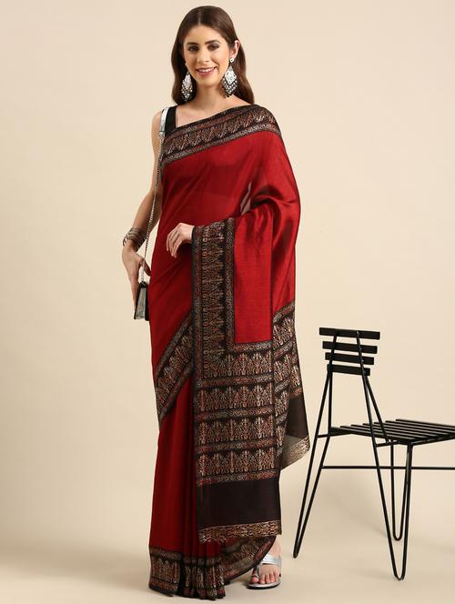 maroon rayon plain saree with blouse - 19795728 - Very Small Image - 1