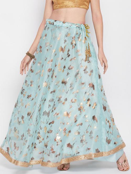 light blue floral printed flared long skirt - 19796179 - Very Small Image - 1