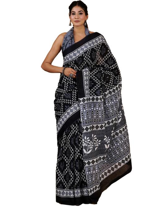 women's leaf print black colored saree with blouse - 19796701 - Very Small Image - 1