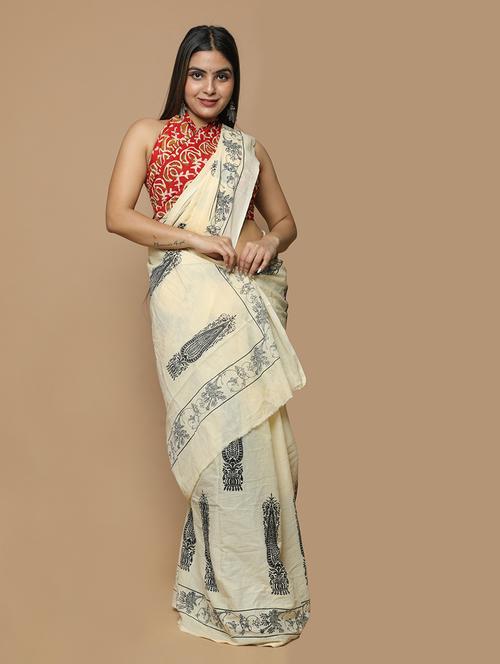 off white printed saree with blouse - 19796768 - Very Small Image - 1