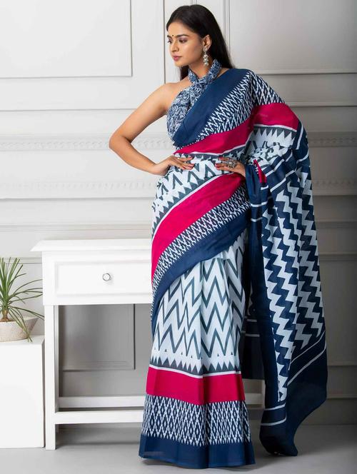 women's chevron navy blue colored saree with blouse - 19796955 - Very Small Image - 1