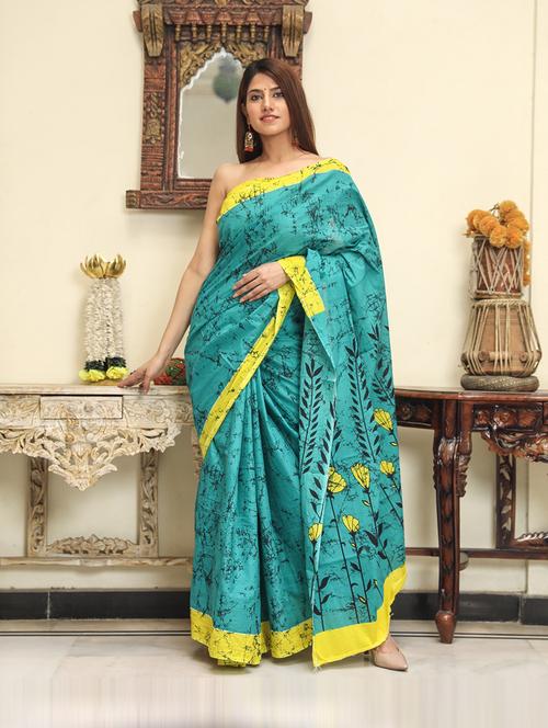 turquoise printed saree with blouse - 19796988 - Very Small Image - 1