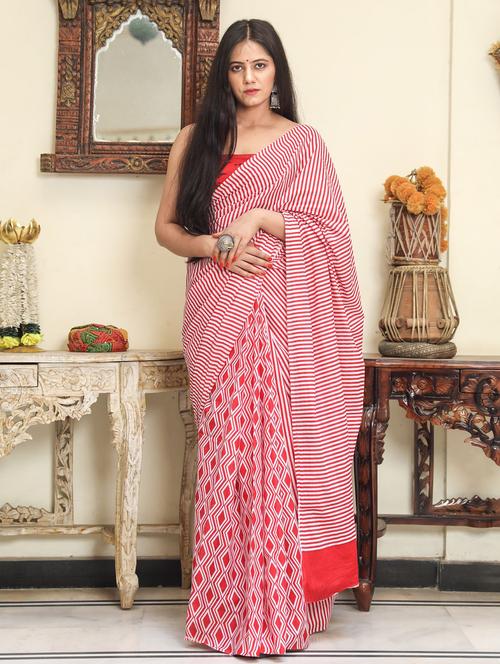 women's stripes red colored saree with blouse - 19797076 - Very Small Image - 1