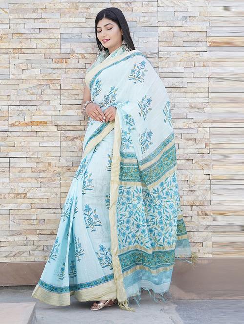 light blue printed saree with blouse - 19797096 - Very Small Image - 1