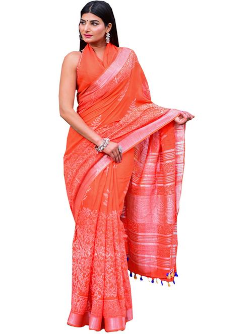 orange printed saree with blouse - 19797120 - Very Small Image - 1