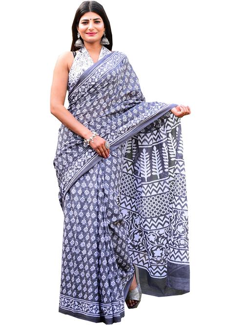 women's printed blue colored saree with blouse - 19797136 - Very Small Image - 1