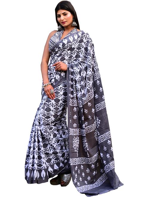 grey printed saree with blouse - 19797138 - Very Small Image - 1