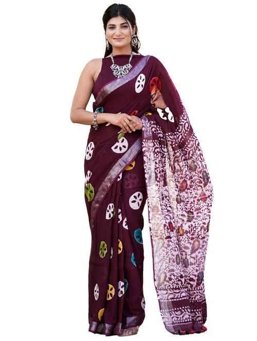 women's printed burgundy colored saree with blouse - 19797384 - Very Small Image - 1