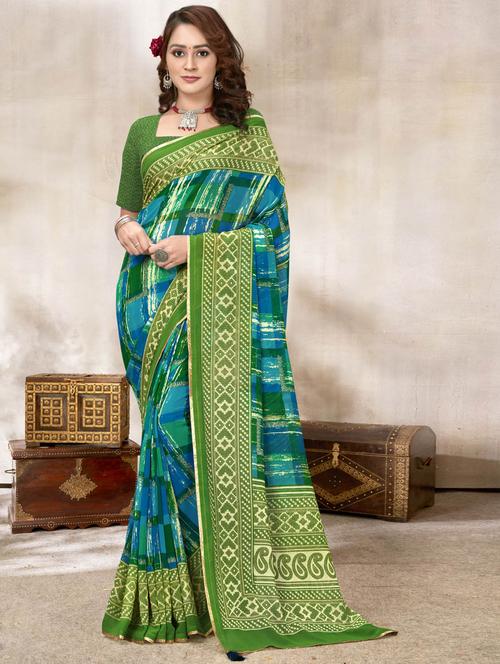 printed bordered saree with blouse - 19802355 - Very Small Image - 1