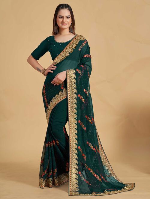 embroidered bordered saree with blouse - 19813048 - Very Small Image - 1