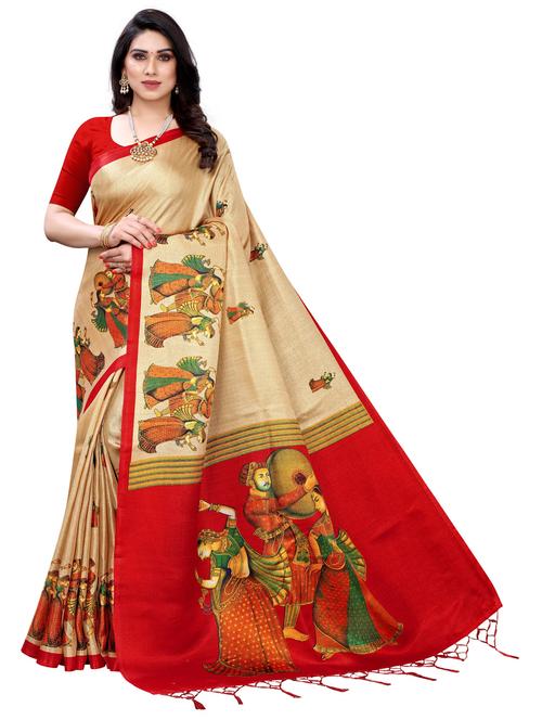beige printed woven saree - 19814934 - Very Small Image - 1