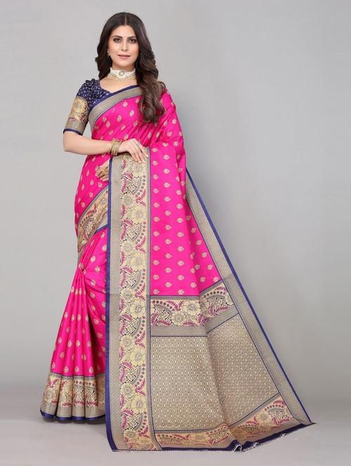 pink self design woven saree with blouse - 19814935 - Very Small Image - 1